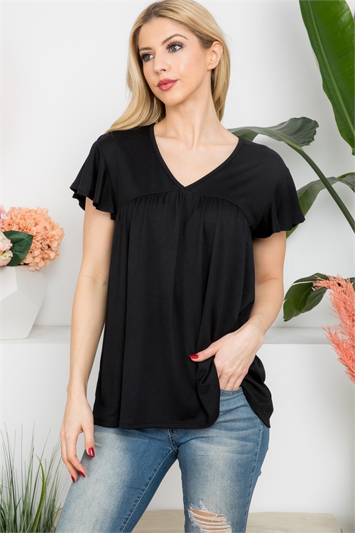 S16-7-2-YMT20040-BK - V-NECK SHIRRING DETAILS SOLID TOP- BLACK 1-2-2-2