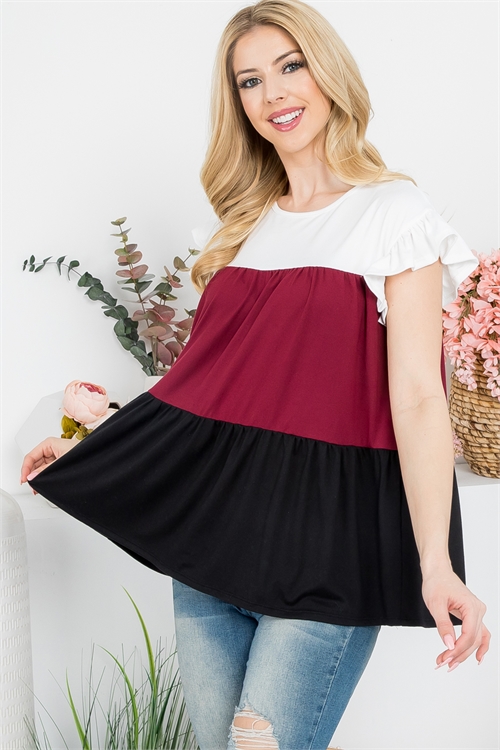 S11-20-4-YMT20044-IVBUBK-1 - SHORT RUFFLE SLEEVE COLOR BLOCK TOP- IVORY-BURGUNDY-BLACK 1-0-2-0