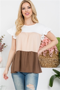 S16-3-3-YMT20044-IVPLSNDDKMC - SHORT RUFFLE SLEEVE COLOR BLOCK TOP- IVORY-PALE SAND-DK. MOCHA 1-2-2-2