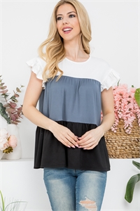 S16-3-3-YMT20044-IVTNMBK - SHORT RUFFLE SLEEVE COLOR BLOCK TOP- IVORY-TITANIUM-BLACK 1-2-2-2