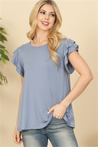 S11-9-2-YMT20046V-DSTBL - LAYERED RUFFLE SHORT SLEEVE SOLID TOP- DUSTY BLUE 1-2-2-2