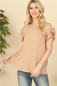 S11-10-2-YMT20046V-TPR - LAYERED RUFFLE SHORT SLEEVE SOLID TOP- TAUPE R 1-2-2-2