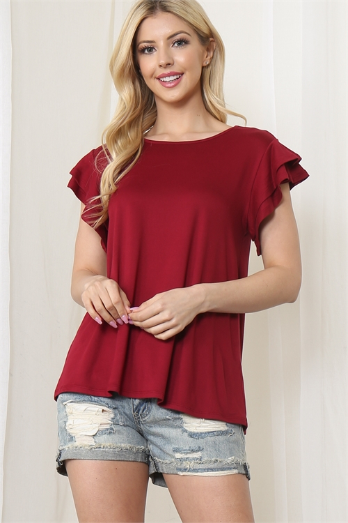 S10-20-1-YMT20046V-WN - LAYERED RUFFLE SHORT SLEEVE SOLID TOP- WINE 1-2-2-2