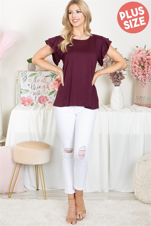 S5-2-1-YMT20046X-BU - PLUS SIZE LAYERED RUFFLE SHORT SLEEVE SOLID TOP- BURGUNDY 3-2-1