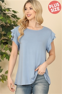 S12-4-5-YMT20046X-SLTBL - PLUS SIZE LAYERED RUFFLE SHORT SLEEVE SOLID TOP- SLATE BLUE 3-2-1