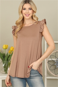 S7-7-3-YMT20064-MCNW - SOLID RUFFLE SLEEVE TOP- MOCHA NEW 1-2-2-2