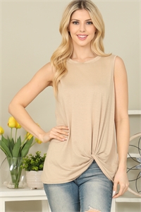 S9-10-4-YMT20066-KHK - SOLID SLEEVELESS FRONT TWIST TOP - KHAKI  1-2-2-2