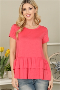 S11-11-1-YMT20067-CRL - SOLID LAYERED RUFFLE HEM TOP- CORAL 1-2-2-2
