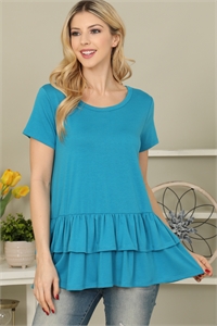 S12-3-1-YMT20067-TL - SOLID LAYERED RUFFLE HEM TOP- TEAL 1-2-2-2