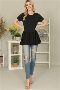 S7-8-2-YMT20068-BK - SOLID PEPLUM WAIST TOP- BLACK 1-2-2-2