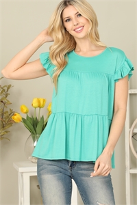 S6-2-1-YMT20069-AQ - SOLID RUFFLE SLEEVE TIERED TOP- AQUA 1-2-2-2