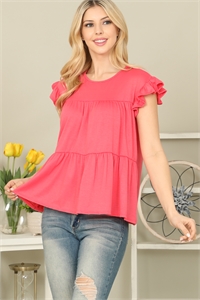 S6-1-1-YMT20069-CRL - SOLID RUFFLE SLEEVE TIERED TOP- CORAL 1-2-2-2