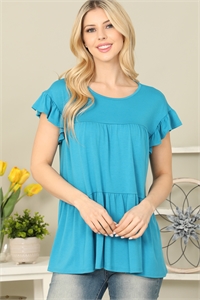 S6-3-1-YMT20069-TL - SOLID RUFFLE SLEEVE TIERED TOP- TEAL 1-2-2-2