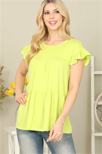 S6-1-1-YMT20069-LM - SOLID RUFFLE SLEEVE TIERED TOP- VINTAGE LIME 1-2-2-2