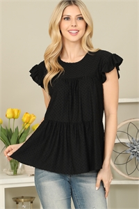 S10-5-2-YMT20071-BK - SOLID SWISS DOT RUFFLE SLEEVE TIERED TOP- BLACK 1-2-2-2