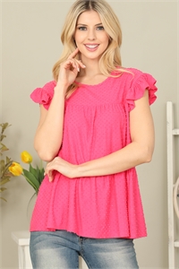 S10-7-2-YMT20071-FCH - SOLID SWISS DOT RUFFLE SLEEVE TIERED TOP- FUCHSIA 1-2-2-2