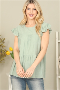 S14-9-4-YMT20071-SG-1 - SOLID SWISS DOT RUFFLE SLEEVE TIERED TOP- SAGE 1-1-2-2