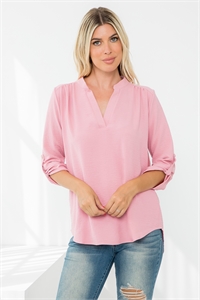 S7-3-1-YMT20072V-DSTRS - NOTCH NECK 3/4 TAB SLEEVE SOLID AIRFLOW TOP - DUSTY ROSE 1-1-1-1