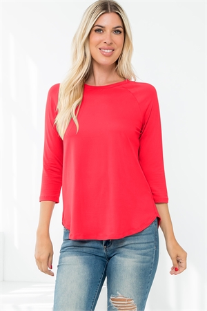 S12-1-2-YMT20073V-CRLBD - 3/4 SLEEVE ROUND HEM SOLID TOP- CORAL BOLD 1-1-1-1