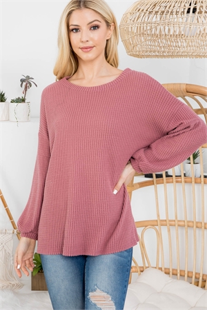 S16-4-2-YMT20076V-MVDP-1 - PUFF SLEEVE BOATNECK WAFFLE TUNIC- MAUVE DEEP 1-1-0-1