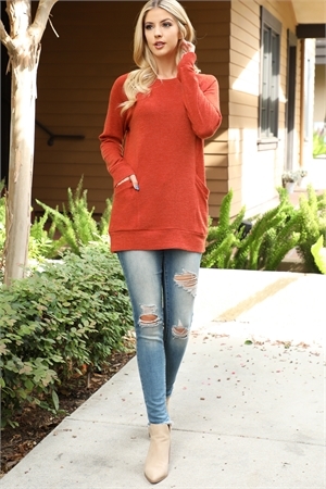 S11-10-5-YMT20078V-RU-1 - KNIT FRONT POCKET LONG SLEEVED TOP- RUST 3-1