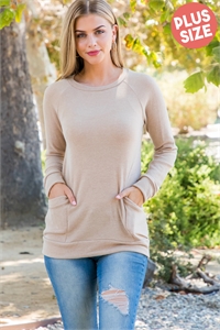 S13-10-3-YMT20078XV-DKTP - PLUS SIZE KNIT FRONT POCKET LONG SLEEVED TOP- DARK TAUPE 3-2-1