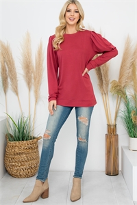 S14-10-3-YMT20089V-MAR - FRENCH TERRY PLEATED SLEEVE TOP- MARSALA 1-1-1-1