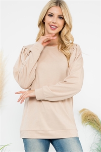 S11-4-2-YMT20089V-STN - FRENCH TERRY PLEATED SLEEVE TOP- STONE 1-1-1-1