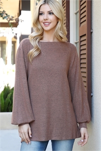 S16-2-2-YMT20094V-LTT - BOAT NECKLINE PUFF SLEEVE HACCI BRUSHED TOP- LATTE 1-1-1-1