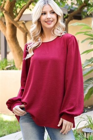 S11-2-3-YMT20095V-WN - PUFF LONG SLEEVE SOLID TOP- WINE 1-1-1-1