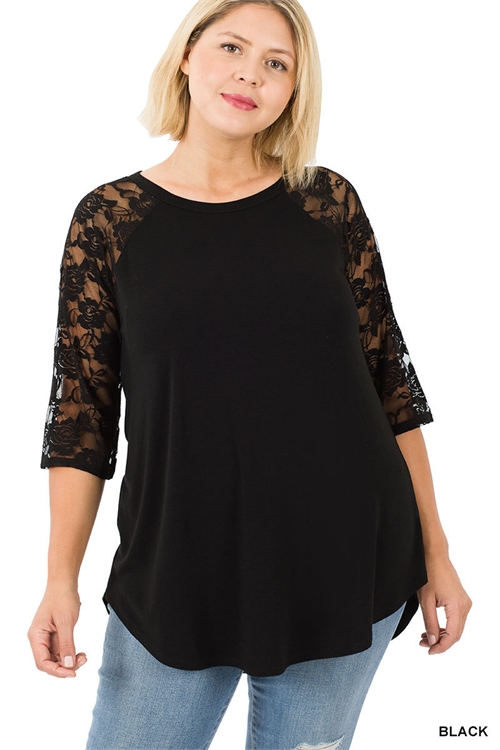 ZE-LT-6332XP-BK - PLUS LACE HALF SLEEVE ROUND NECK & ROUND HEM TOP- BLACK-2-2-2