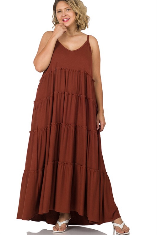 S8-4-3-ZE-RS-8350XBA-DKRU - PLUS V-NECK TIERED CAMI MAXI DRESS- DARK RUST 3-2-1