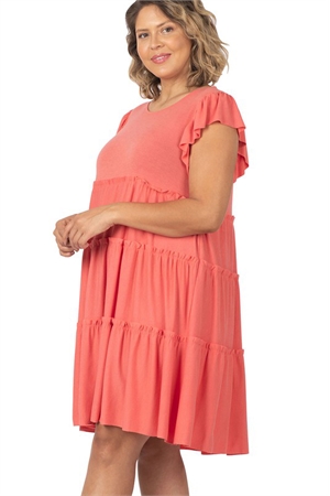 S10-1-1-ZE-RS-8351X-DPCRL - PLUS RUFFLE SLEEVE TIERED DRESS- DEEP CORAL 2-2-2