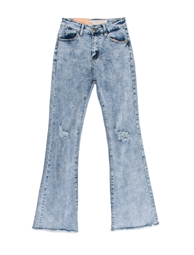 Ladies Acid Wash High Rise Flare Cut-Off Jeans