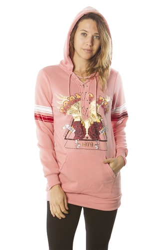 Ladies Sweatshirt Lace Up Mini Dress Hoodies-Tops, Pullover, Embellished w/ Applique