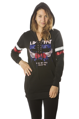 Ladies Sweatshirt Lace Up Mini Dress Hoodies-Tops, Pullover w/ Kangaro Pockets & Embellished w/ Applique/ 1-2-2-1