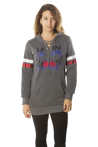 Ladies Sweatshirt Lace Up Mini Dress Hoodies-Tops, Pullover w/ Kangaro Pockets & Embellished w/ Applique/ 1-2-2-1