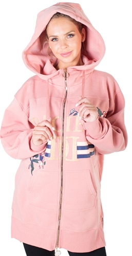 Ladies Fleece Zip Up Sweatshirt Oversize Long Hoodie Outerwear Jacket with Applique