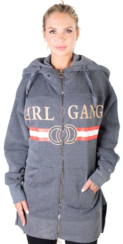 Ladies Fleece Zip Up Sweatshirt Oversize Long Hoodie Outerwear Jacket with Applique