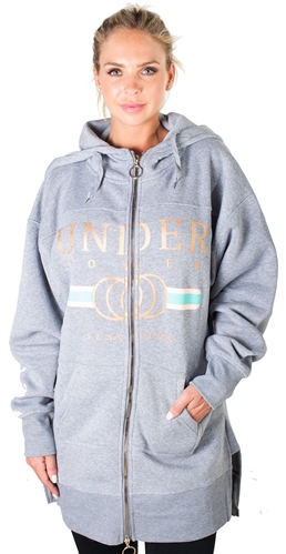 Ladies Fleece Zip Up Sweatshirt Oversize Long Hoodie Outerwear Jacket with Applique