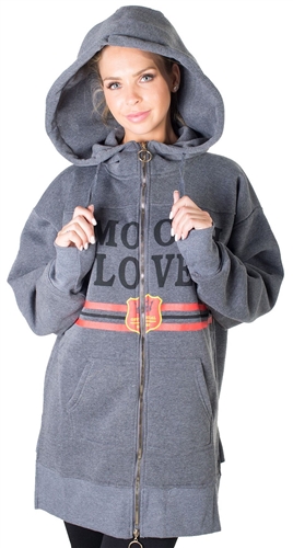 Ladies Fleece Zip Up Sweatshirt Oversize Long Hoodie Outerwear Jacket with Applique