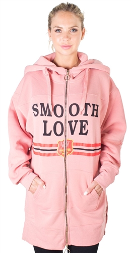 Ladies Fleece Zip Up Sweatshirt Oversize Long Hoodie Outerwear Jacket with Applique