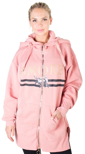 Ladies Fleece Zip Up Sweatshirt Oversize Long Hoodie Outerwear Jacket with Applique