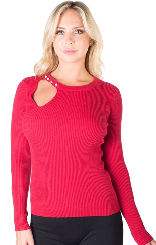 Ladies Cut Out Neckline Ribbed Sweater Top with Pearl Embellishment By Special One