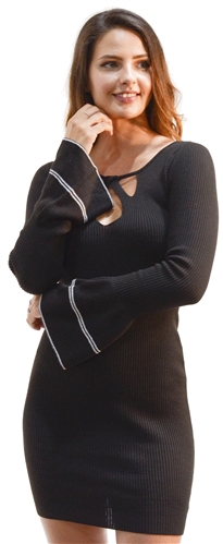 Black-Ladies Bodycon Criss Cross Neck with Bell Sleeves Sweater Dress By Special One
