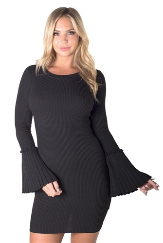 Ladies Bodycon Ribbed Sweater Dress with Bell Sleeves By Special One