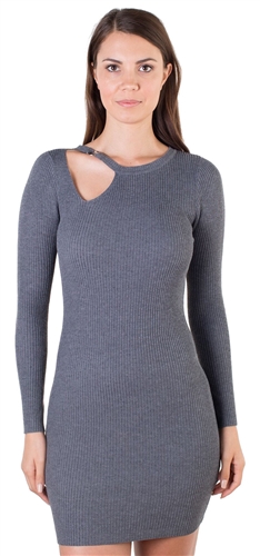 Ladies Bodycon Asymmetric Neck Line with Ring Buckle Ribbed Long Sleeve Sweater Dress By Special One