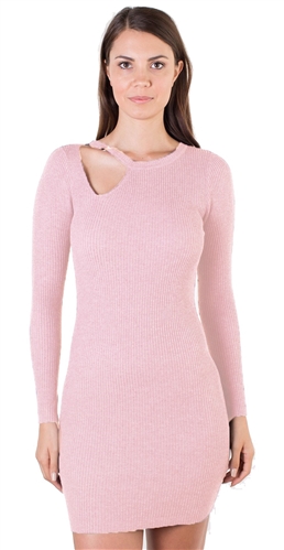 Ladies Bodycon Asymmetric Neck Line with Ring Buckle Ribbed Long Sleeve Sweater Dress By Special One