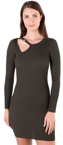Ladies Bodycon Asymmetric Neck Line with Ring Buckle Ribbed Long Sleeve Sweater Dress By Special One