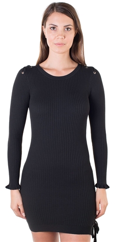 Ladies Bodycon Lace Up Side and Shoulder Ribbed Long Sleeve Sweater Dress with Ruffle Trim on Sleeves  By Special One